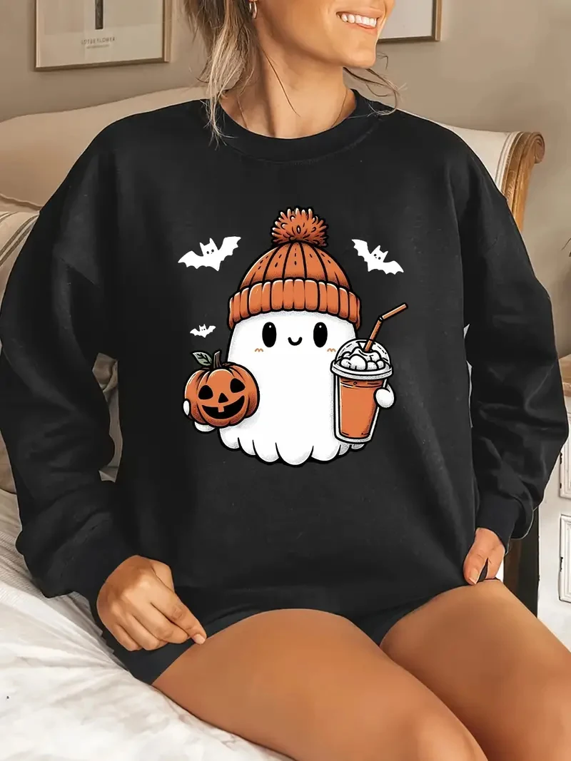 Halloween Ghost print hoodie, drawstring casual hoodie long-sleeved sports hoodie Fall/Winter, women's wear