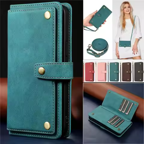 Long Lanyard Flip Leather Case for Samsung Galaxy S25 Ultra S24 FE S23 S22 S21 S20 Plus Note 20 10 Wallet Card Bag Cover Coque