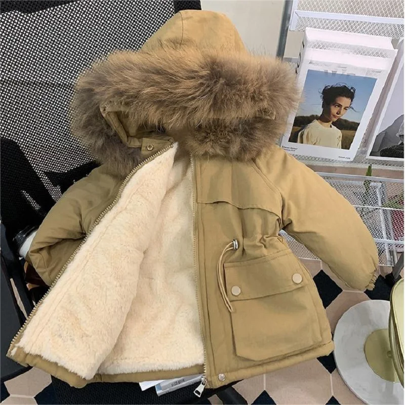 Girls' outerwear with plush cotton jacket for winter skiing and outdoor activities, girls' solid color hooded thick coat