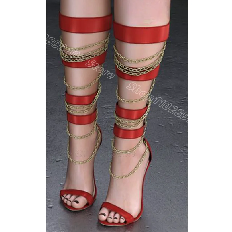 

Black Chain Decor Stiletto Sandal Boots Open Toe Cover Heels Fashion British Style Party Sexy Women Shoes Zapatos Para Mujere