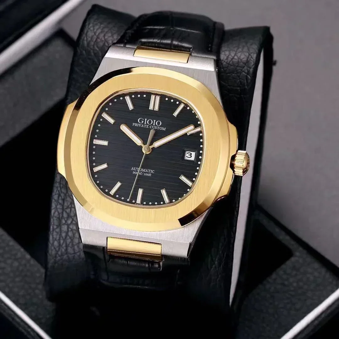 

Luxury Automatic Mechanical Mens Watch Yellow Gold Sapphire Stainless Steel Black Leather Grey Blue