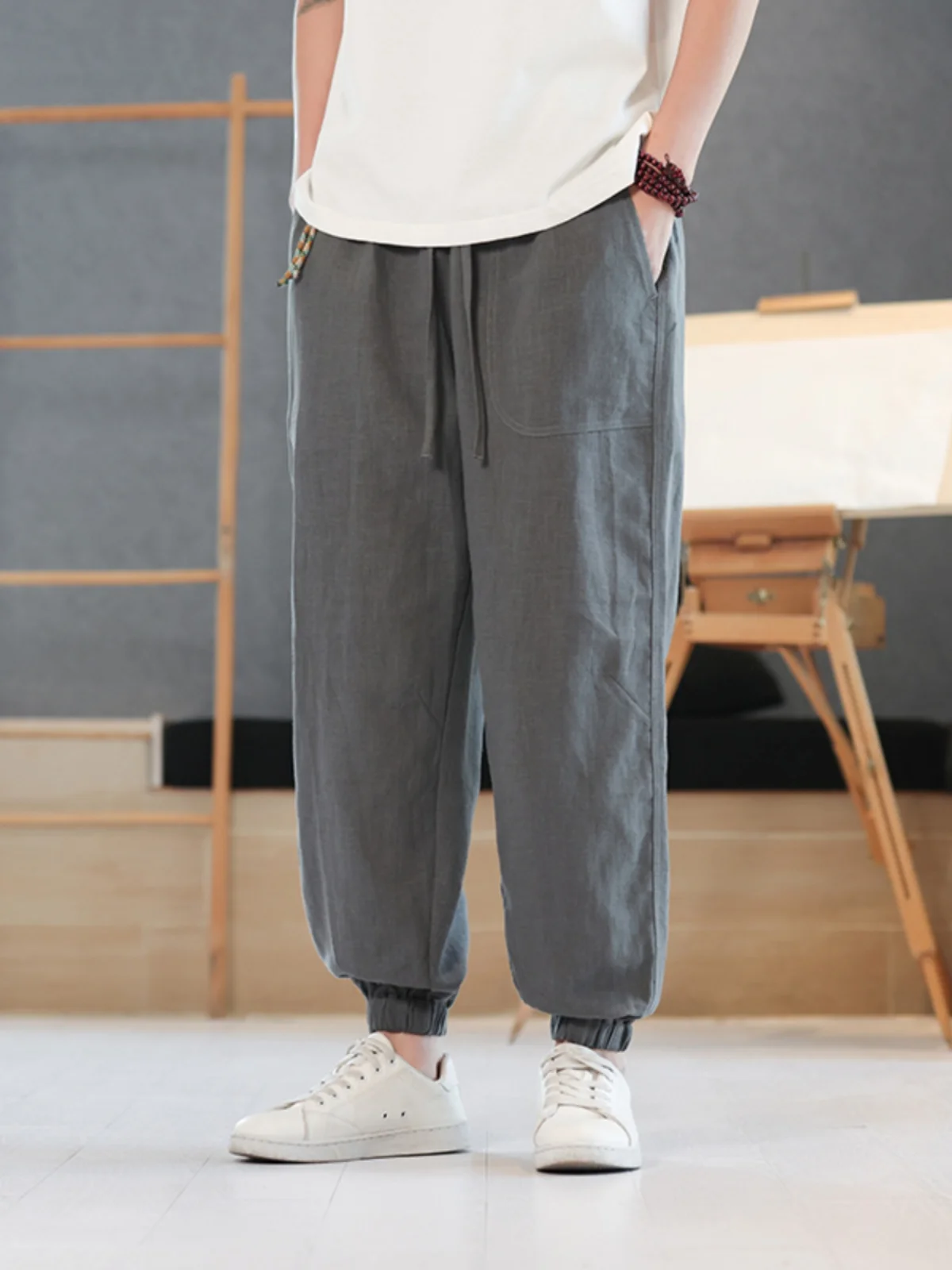 

Мужские летние тонкие хлопковые льняные брюки-харланы свободного кроя, повседневные длинные брюки, дышащие, удобные, винтажные, молодежные, модные