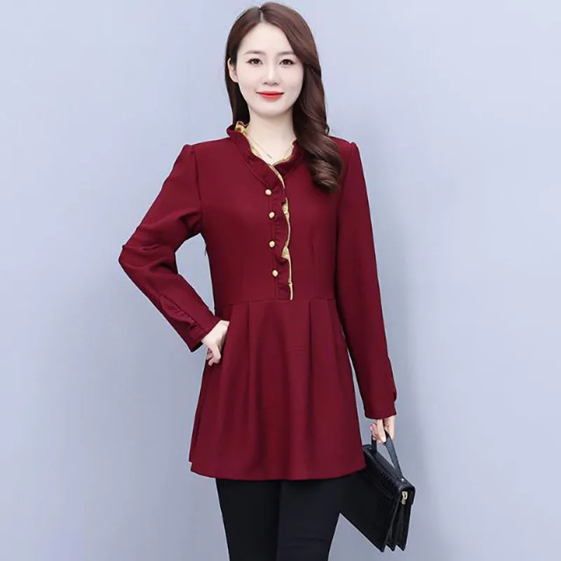 

Fashion V-Neck Spliced Button Folds Ruffles Blouse Women's Clothing 2023 Spring Autumn New Oversized Casual Tops Commuter Shirt