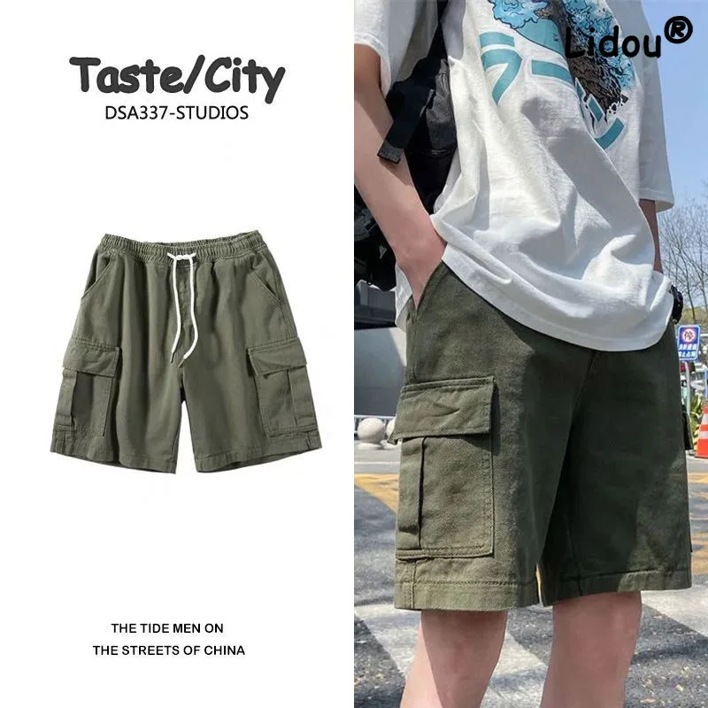 Pantalones cortos Cargo para hombre, Shorts masculinos de estilo clásico, holgados, informales, combinan con todo, Color sólido, a la moda, de verano