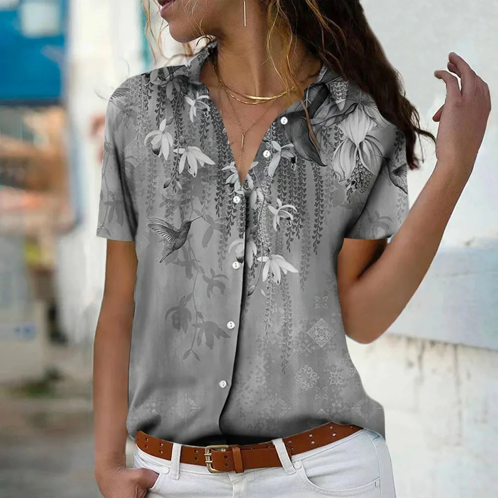 Short Sleeve Floral Pattern Women Casual Shirts Summer 3D Flower Print Street Ladies Blouse 3XL Plus Size Turn-down Collar Shirt