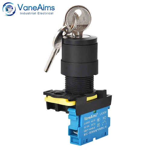 Imagen 2 del producto VaneAims 22mm LA36M interruptor de llave 12v 220v 10A 2 posiciones 1NO botón de encendido y apagado 2NO 3 posiciones Selector de interruptor giratorio con llaves