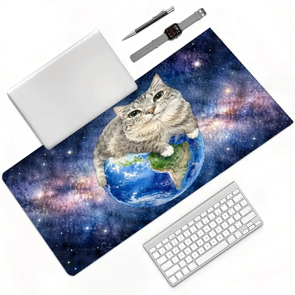Oil Painting Tabby Cat Lying On Earth Galaxy Starry Space Art Extra Large Non-Slip Extended Rubber Gaming Desk Mouse Pad