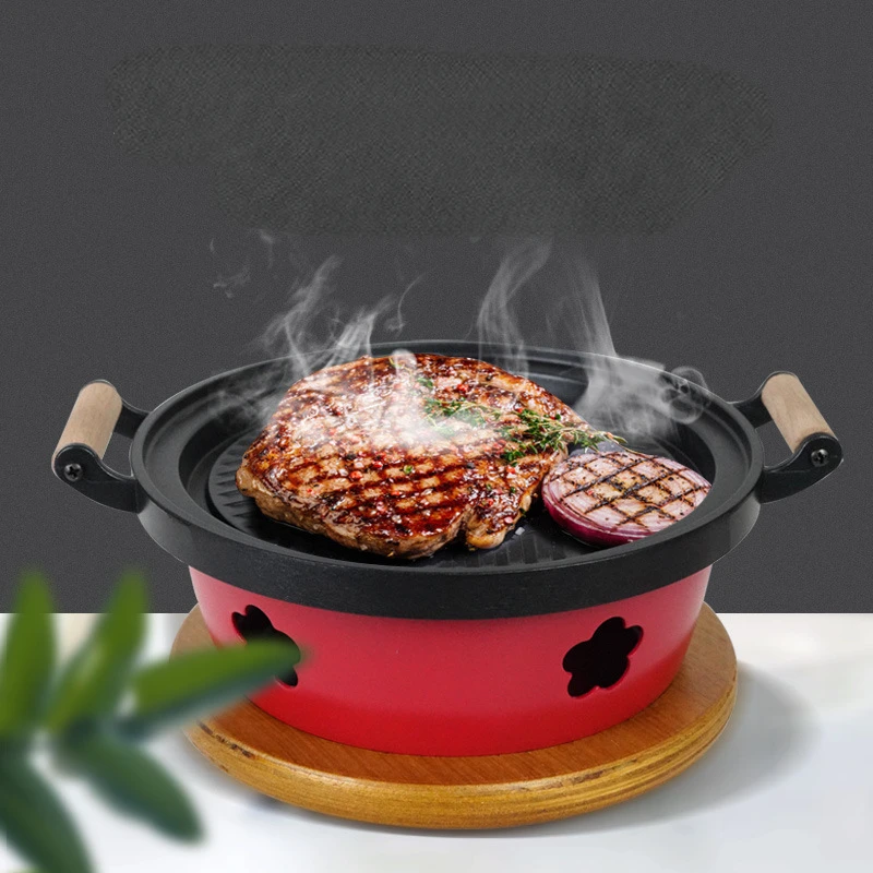 

Korean Style Circular Baking Tray With Wooden Handle Japanese Style Non Stick Grill Cowboy Backbone Pot Kitchen Accessories