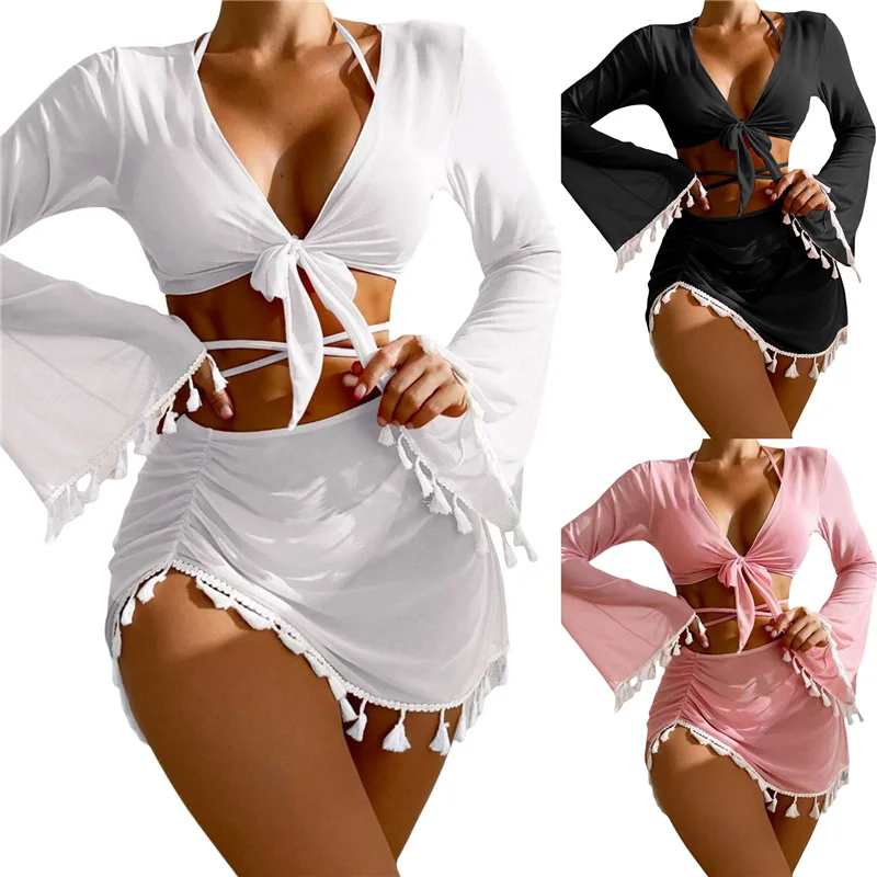 Women 4 Pieces Swimsuit Outfits Halter Neck Padded Bra Thong Bottoms Long Sleeve Strappy Front Cover-Ups Tassel Sarongs Bikini