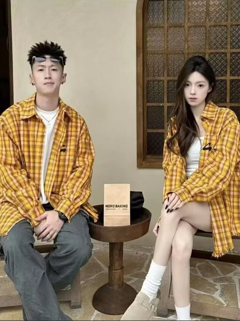 

American Style Loose Long Sleeve Plaid Shirt Unisex Summer Outerwear Casual Button up Top for Men And Women Couples