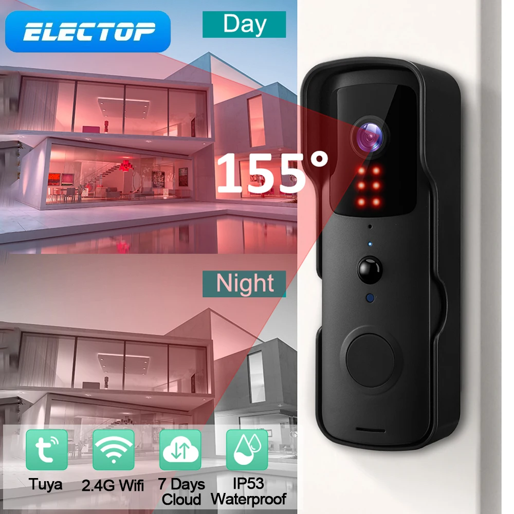 

ELECTOP 1080P Tuya WIFI Doorbell Camera Smart Home Wireless 150° PIR Motion Detection IR Alarm Security Door Camera Smart Life