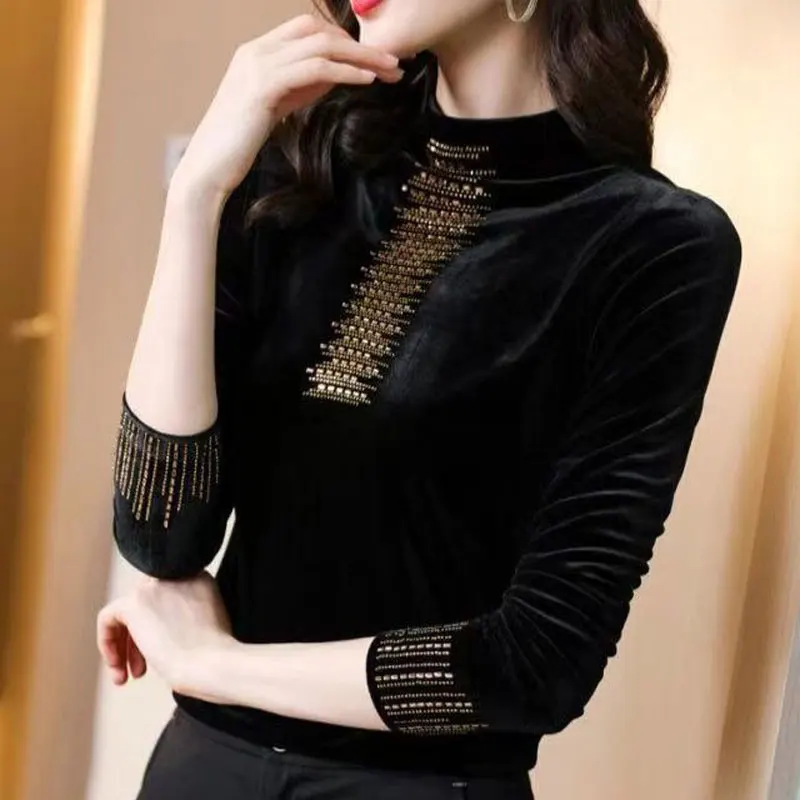 Female Clothing Vintage Solid Color T-shirt Autumn Winter Stylish Diamonds Long Sleeve All-match Half High Collar Pullovers 2025