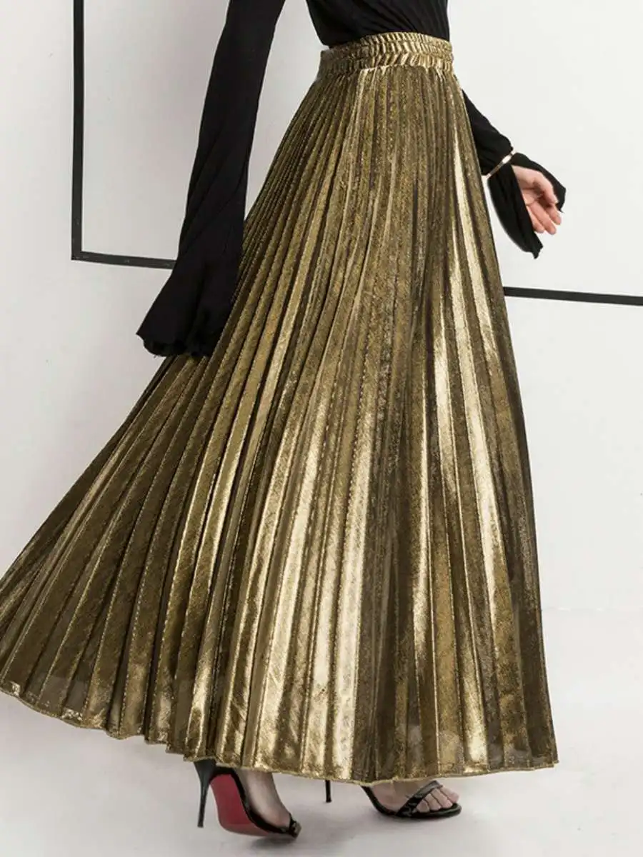 Spring Summer New plus Size High Waist Long Gold Color Pleated Skirt Women's Beach Skirt Elegant Women's Midi Skirt