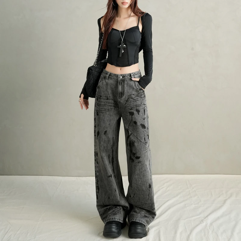 

Womens American Custom Tie Dye Jeans Black Grey Apocalyptic Style Loose Straight Wide Leg Denim Pants
