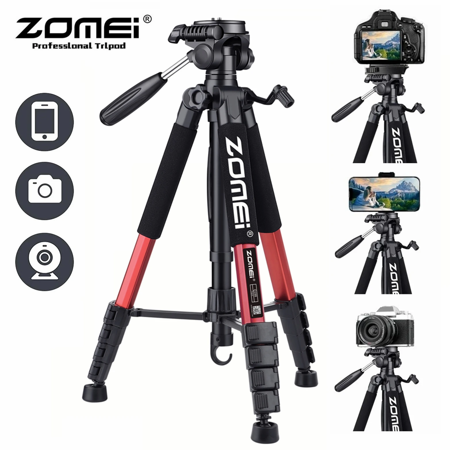 Zomei 187cm/73in Professional Camera Tripod for Canon Nikon 360° Rotation Phone Holder Stand for iPhone Mobile Horizontal Shoot