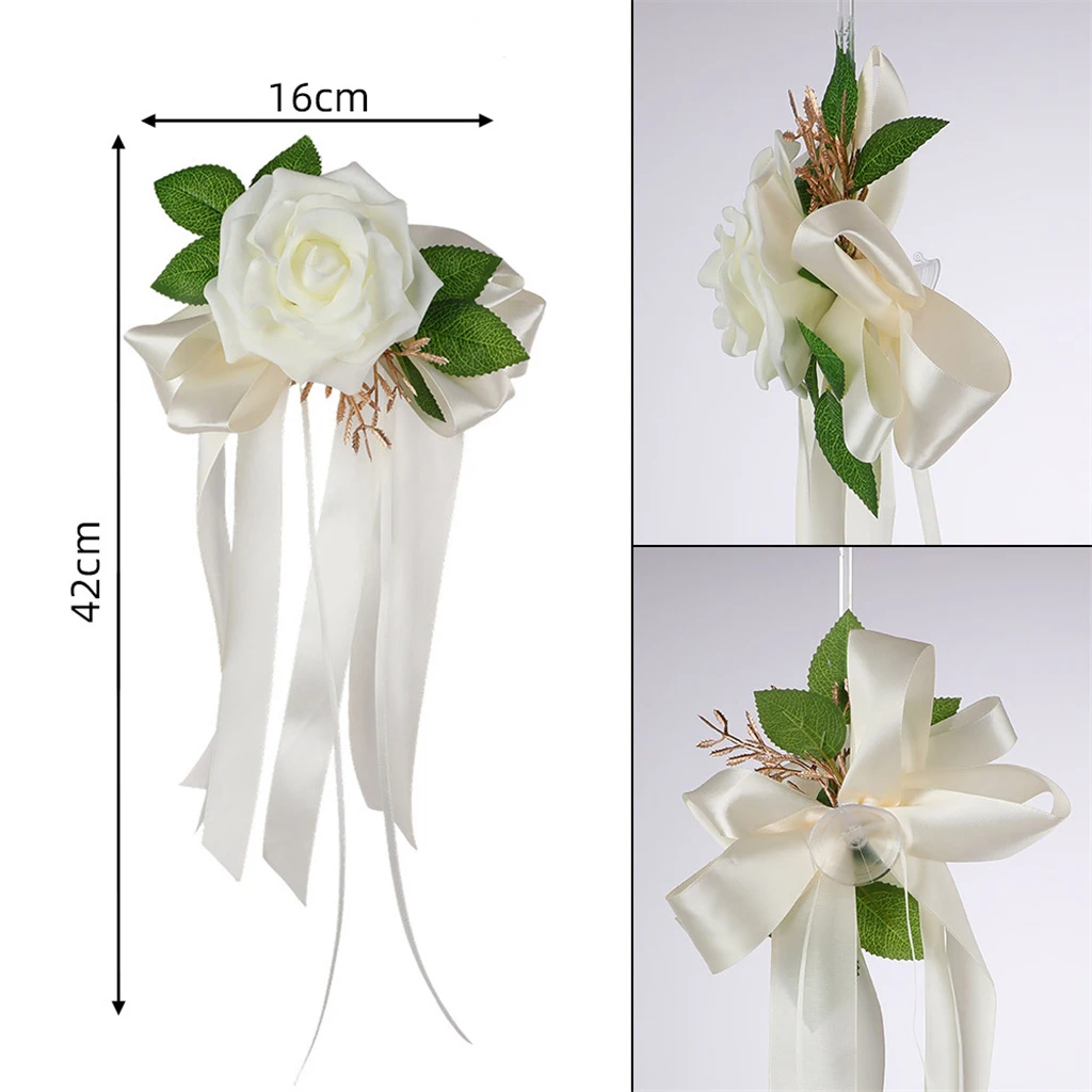Custom European Style Wedding Car Bow Rearview Mirror Wedding Decoration Door Handle Strap Simulated Rose Custom Bow And Ribbon image 6