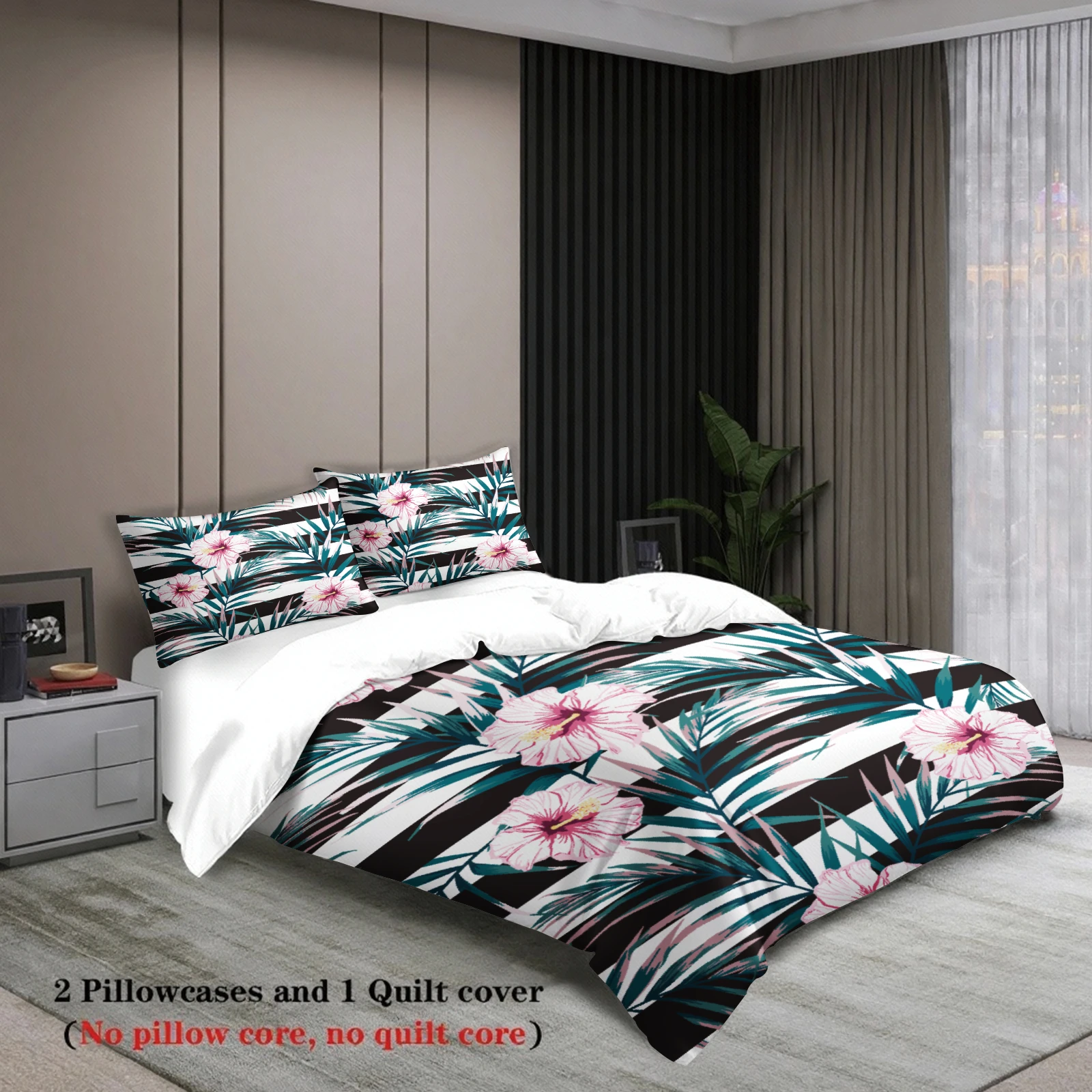 3pcs Tropical Floral Zebra Print Bedding Sets 3D Printed Duvet Cover Sets With Pillowcases No Filling