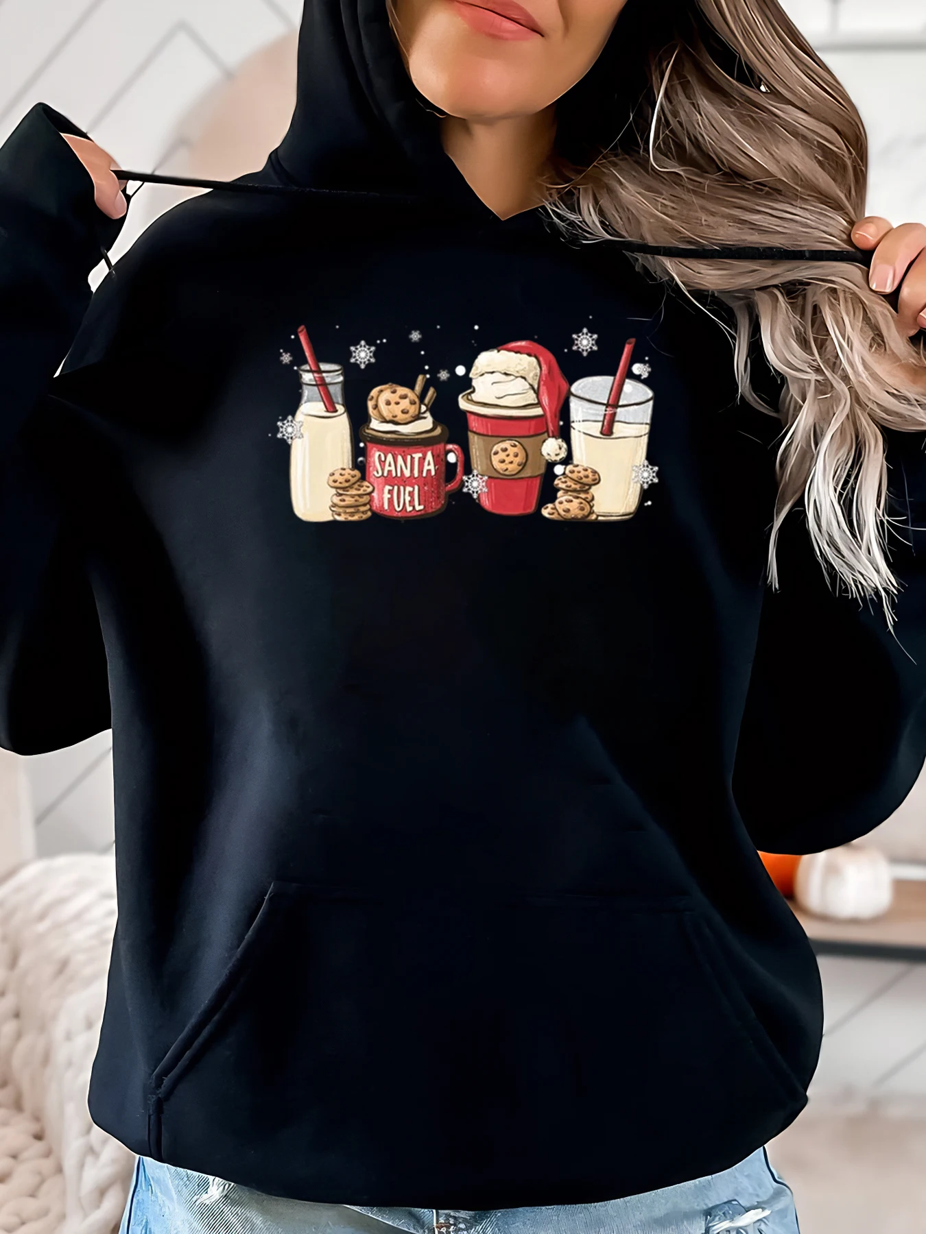 

Санта-топливо, молочное печенье и рождественская толстовка с принтом горячего шоколада, женская повседневная зимняя одежда, черный размер больших размеров