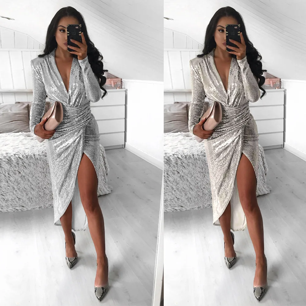 

European and American New Style for Autumn Winter Women V-Neck Long Sleeve Shiny Dinner Sexy Bag Hip Split Pleated Dress 2023