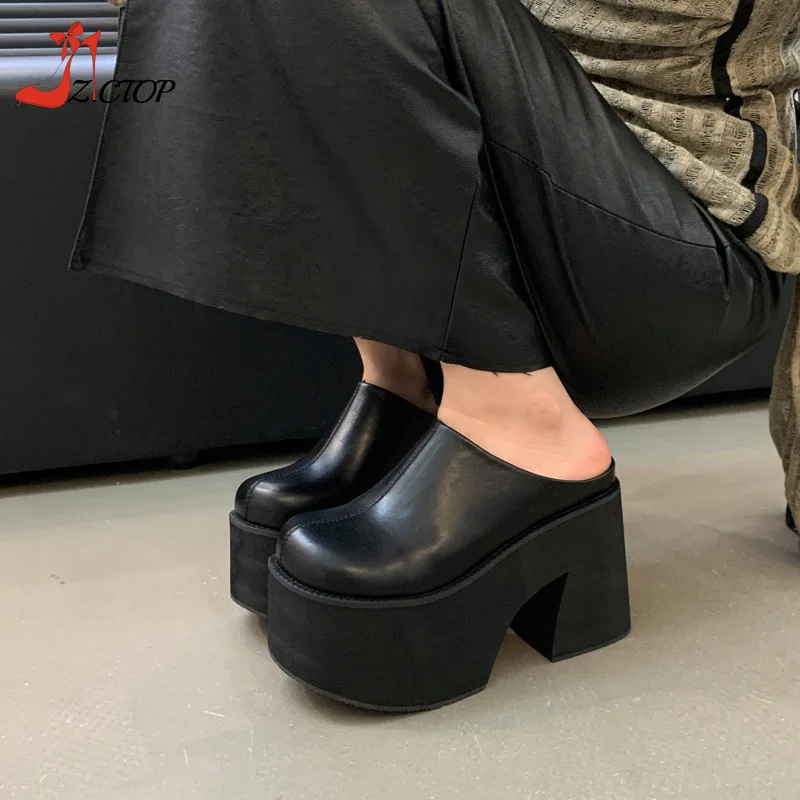 11cm Closed Toe Chunky Heeled Slippers Women Black Punk Platform Sandals Summer Super High Heels Patent Leather Ladies Shoes