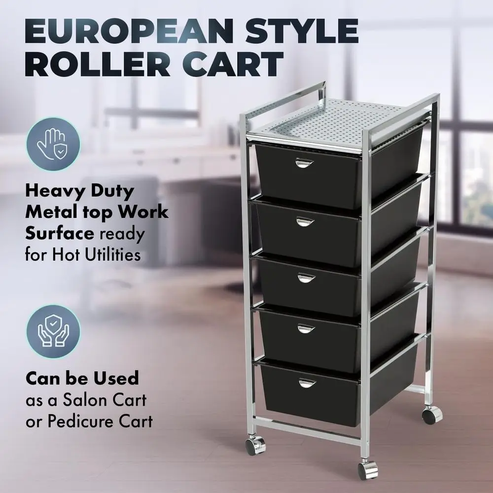 Heavy-Duty 5 Drawer Metal Cart - Portable Utility Trolley for Professional Use, Heat-Resistant Surface, Removable Shelves, Smoot