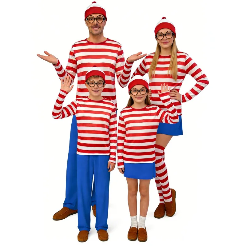 Disfraz de Cosplay para Padres e Hijos, Traje de Dibujos Animados de ¿Dónde está Waldo?, Camisa a Rayas, Sombrero, Disfraz para la Semana del Libro, Juego de Roles