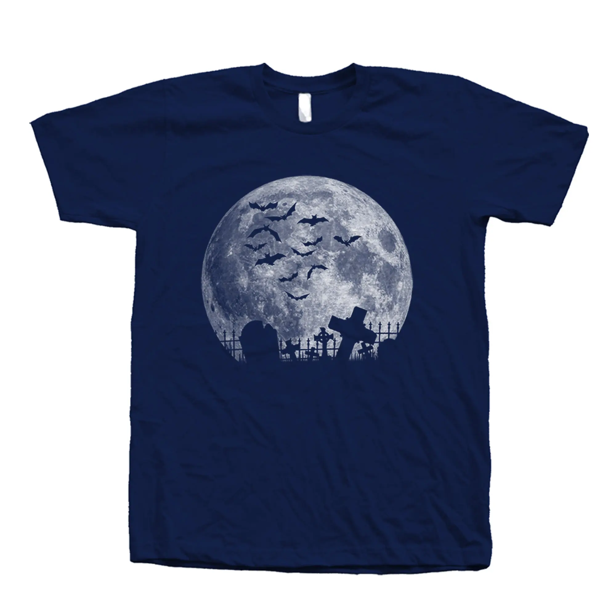 Full Moon Halloween T-Shirt Bats Graveyard Screen Print Retro Streetwear High-quality Crew-neck Short-sleeved Men's T-shirt