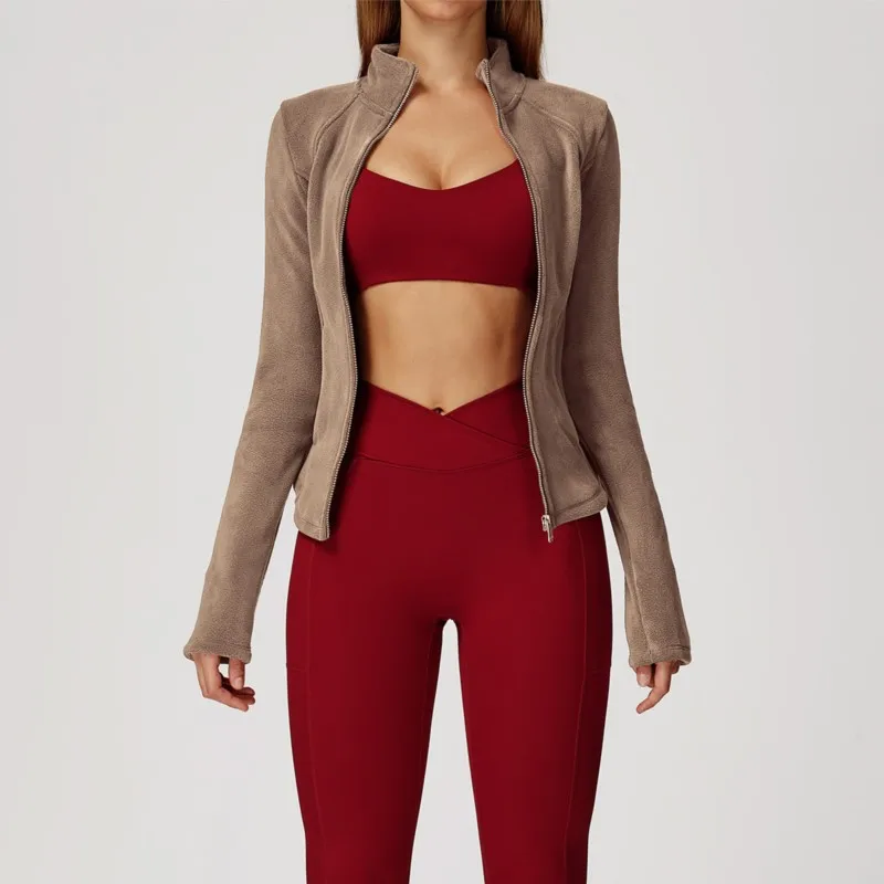 Chaqueta deportiva de lana de invierno para mujer, abrigo de Yoga de manga larga con cremallera, Top cálido para gimnasio, ropa deportiva para correr y entrenar para ciclismo