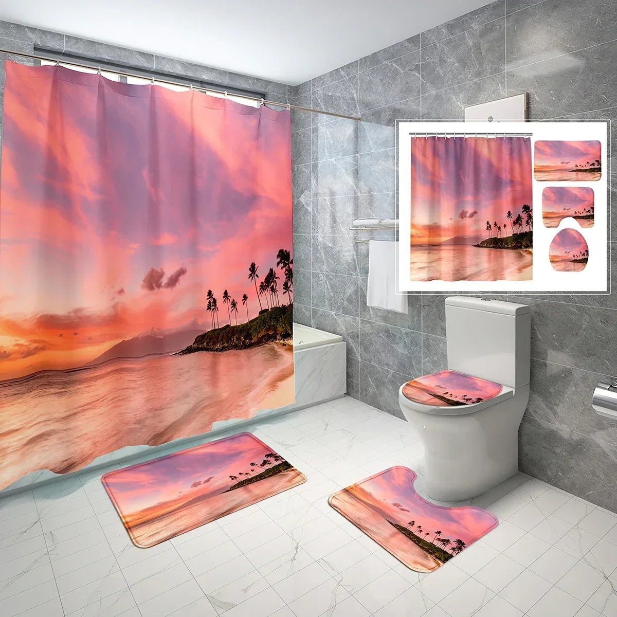 

4 Pcs Hawaii Shower Curtain Sets Beach Palm Tree Sunset Pink Sky Non-Slip Bath Mat Toilet Cover Waterproof Shower Curtain Set
