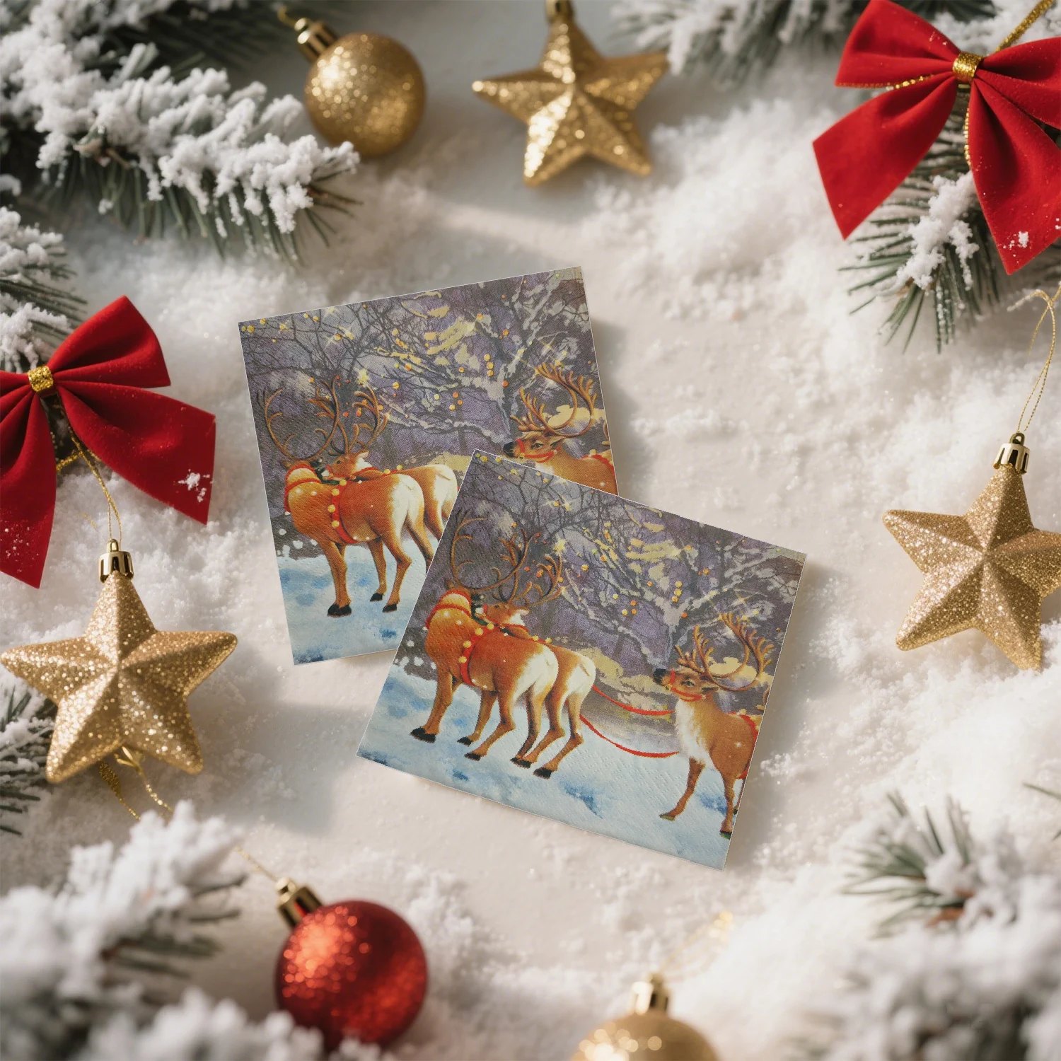 20 szt. Złote Świąteczne Serwetki Papierowe z Motywem Świętego Mikołaja, Reniferów, Sanek i Elfów, Dekoracyjne, Jednorazowe, 3-warstwowe, 33x33cm