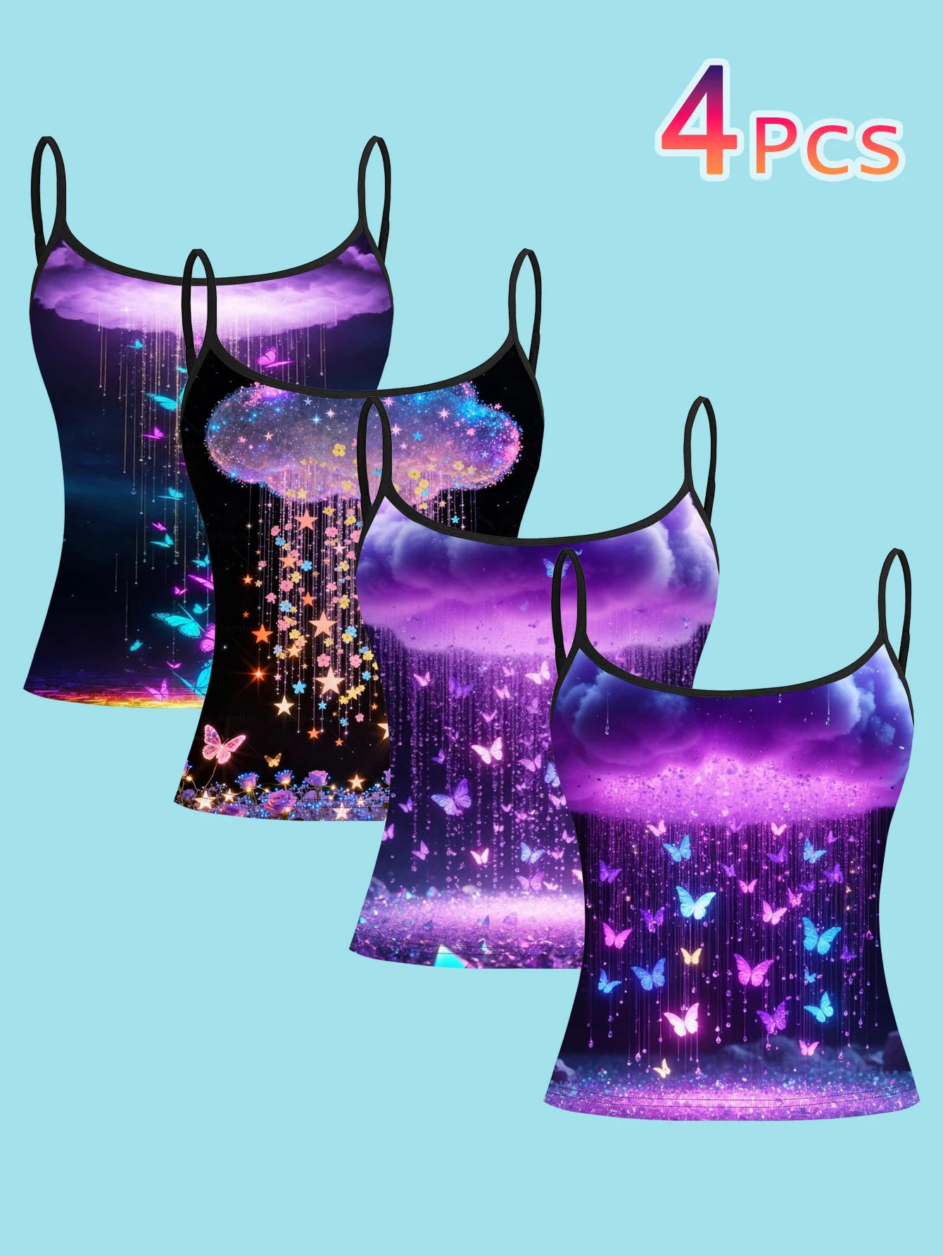4-Piece Set of Neon Cloud Meteor Shower Butterfly Camisole Set with Starry Sky Fantasy Pattern for Women's Base Layer Tank Top