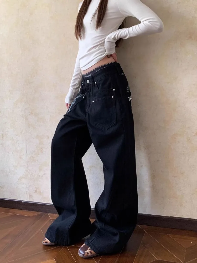 Women's Fashionable Letter Pattern Design Jeans Cool Girl Trousers Summer Unisex Casual Pant Female High Waisted Punk Sweatpants