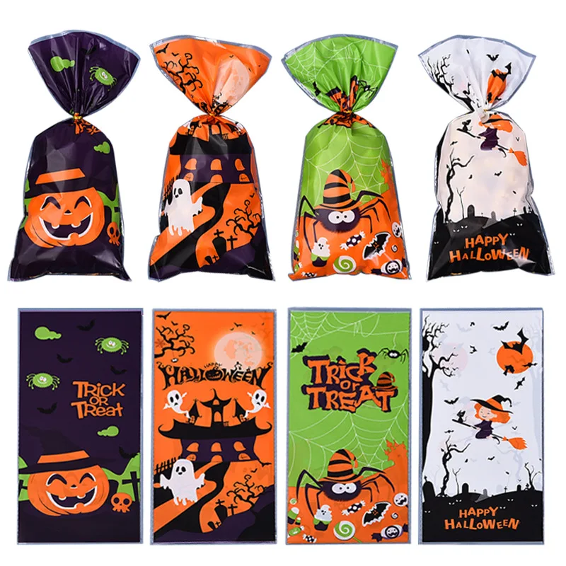 50/100Pcs Halloween Candy Bag Plastic Cookies Gift Bag Self Adhesive Snack Wrap Bag Happy Halloween Party Decorations Kids Gifts