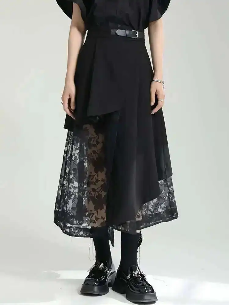 High Elastic Waist Black Spliced Mesh Irregular Casual Half-body Skirt Women Fashion Tide New Spring Autumn