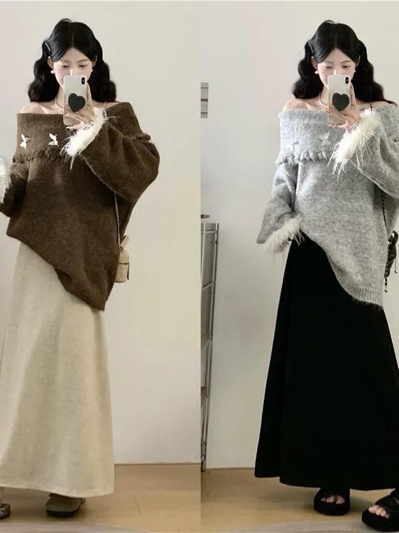 Sexy Off-the-shoulde Tassle Fringe-embellished Grey Knit Pullover Ruffled Collar Loose Mid-length Sweater Women's Winter Trendy