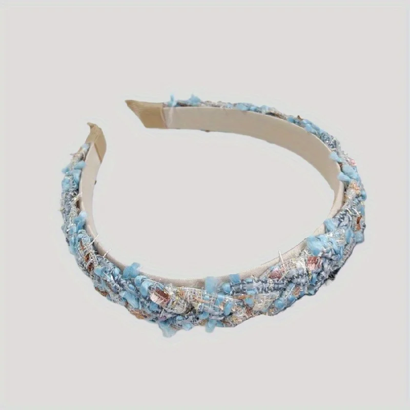 

French Tweed Headband with Braided Cross Design High Crown Volume Effect Vintage Hair Accessory for Women Boho Chic Style