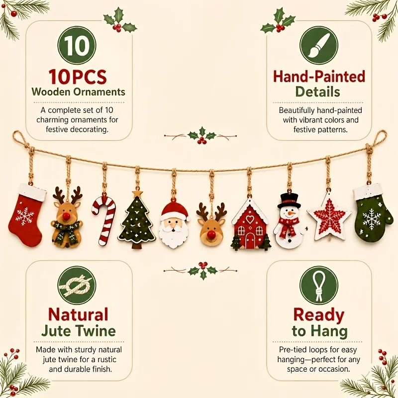 10 Pcs Christmas Wooden Ornaments Rustic Hanging Decor Set Santa Reindeer Snowman Tree House Star Stocking Winter Home Holiday
