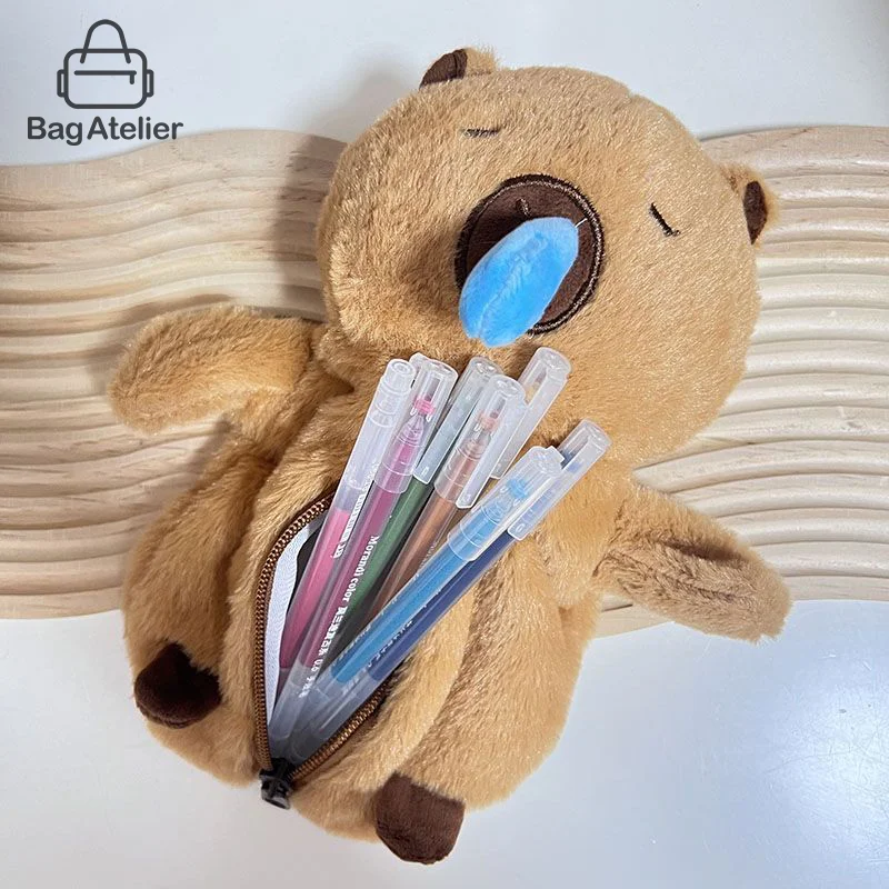 Cute Large Capacity Capybara Pencil Bag Plush Animal Doll Zip Clutch Stationery Storage Bag Children's School Supplies