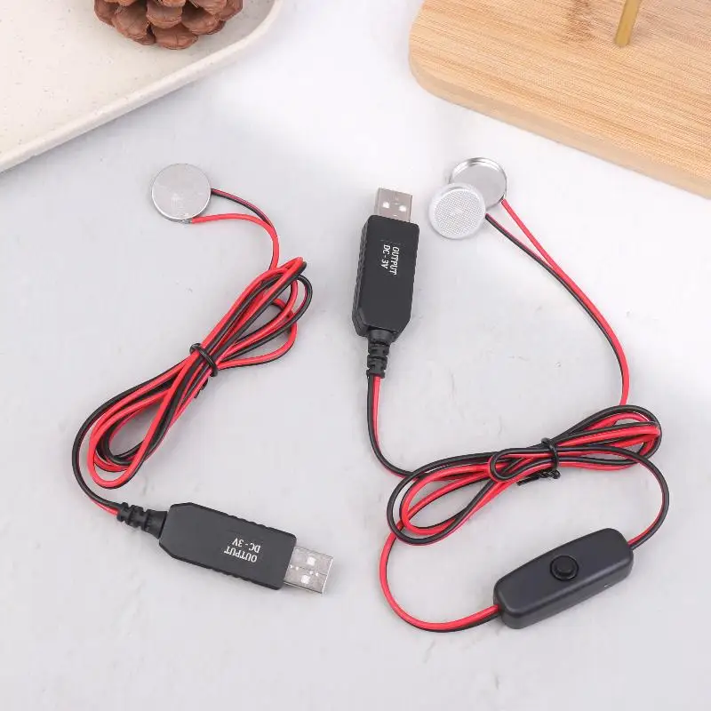 USB To 3V CR2032 Fake Battery Charger Cord With Switches Power Supply Cable For Watch Microphone Toy Remote