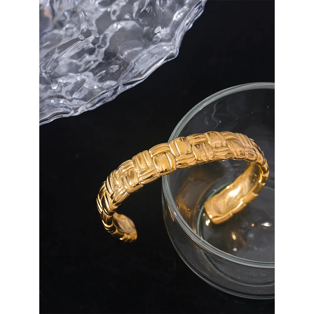 Yhpup Waterproof Stainless Steel Metal High Quality Cuff Open Bracelet Bangle Gold Color Texture Charm Distinctive Jewelry Gift