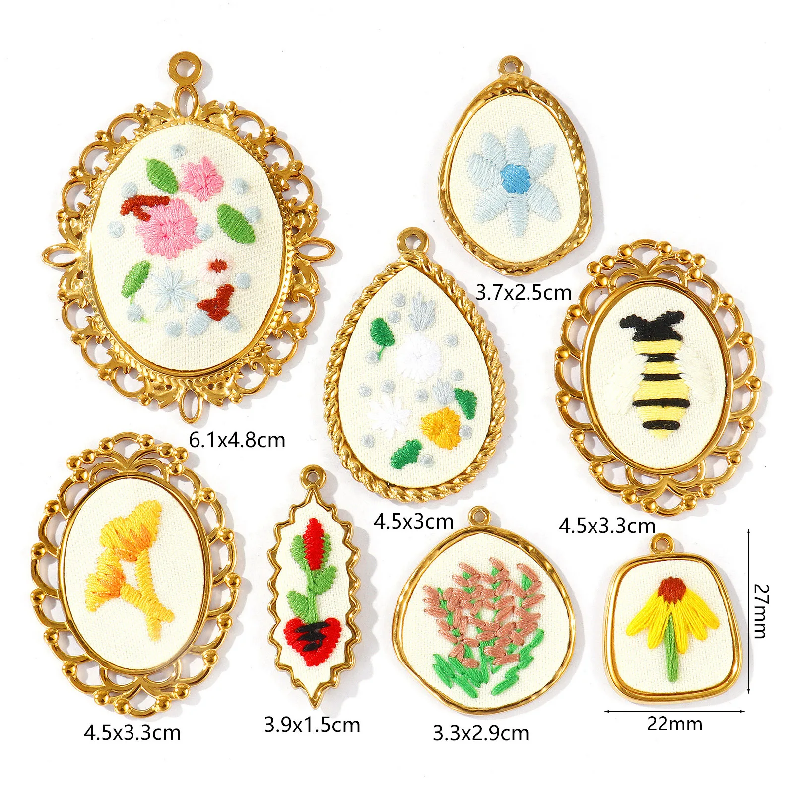 1 Piece Single sided Flower Hand Embroidered Charms 304 Stainless Steel 18K Gold Plated Pendants For DIY Necklace Jewelry Making