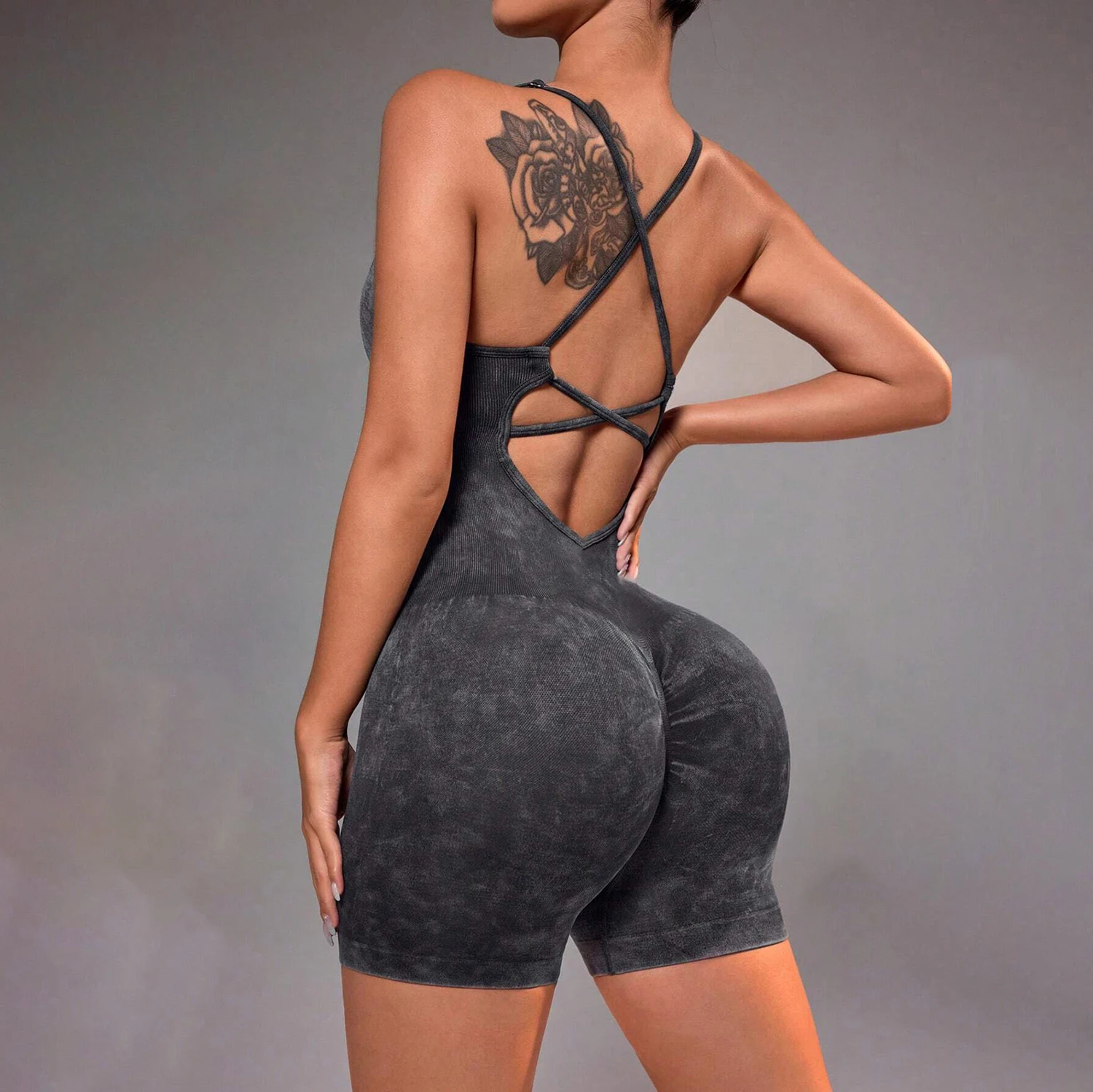 Distressed Washed Yoga Bodysuit for Women - Seamless No Panty Line Strappy Dance Leotard, Vintage Soft Workout Unitard for Gym