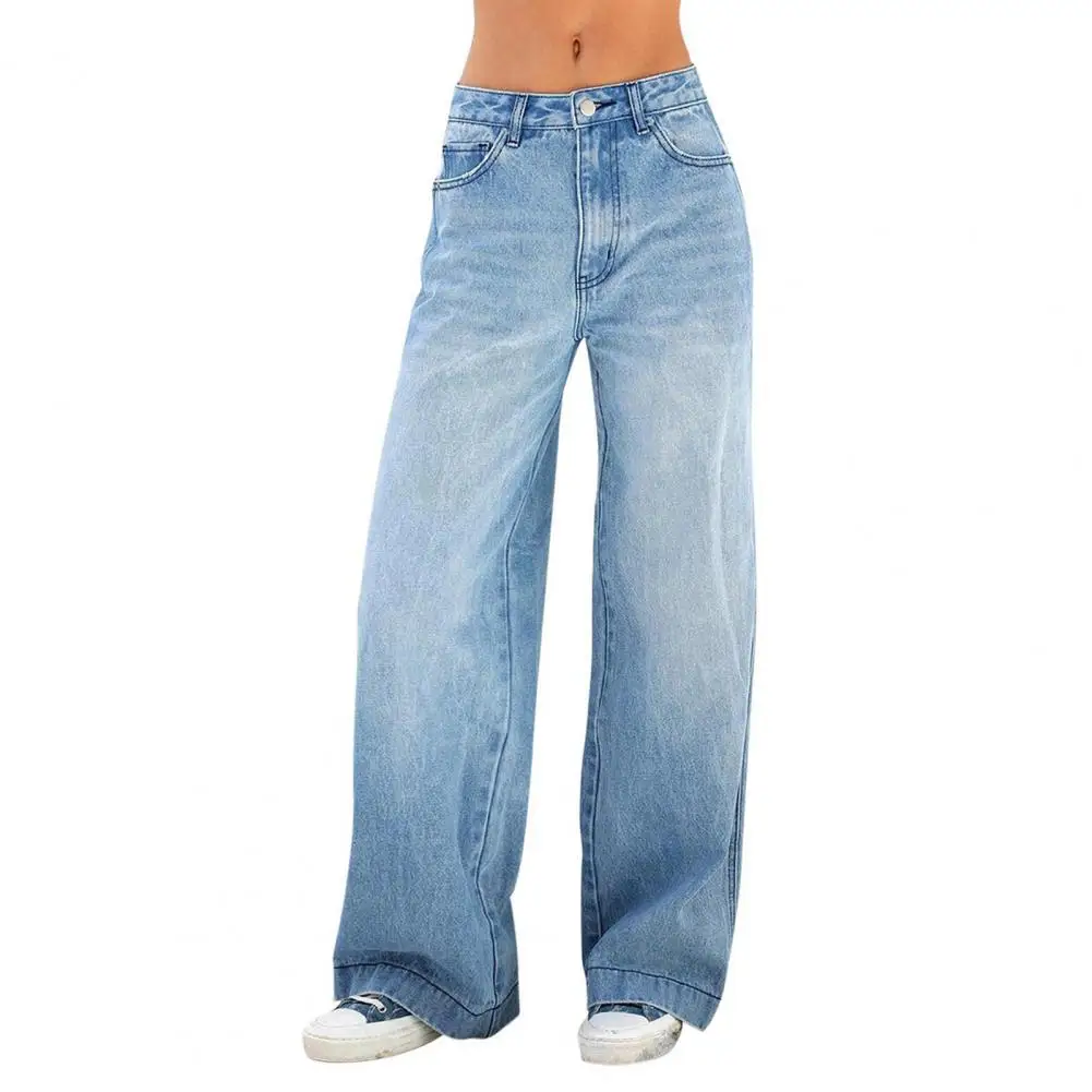 Volledige lengte flare broek dames jeans denim effen zakken hoge taille losse pasvorm streetwear wassen 2025, rits