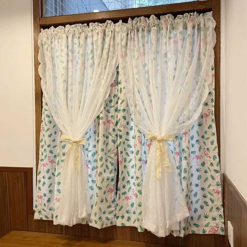 American Village Double-layer Wave Side Lace Flamingo Curtains Living Room Polyester Cotton Leaves Curtain Cloth Kitchen #A577