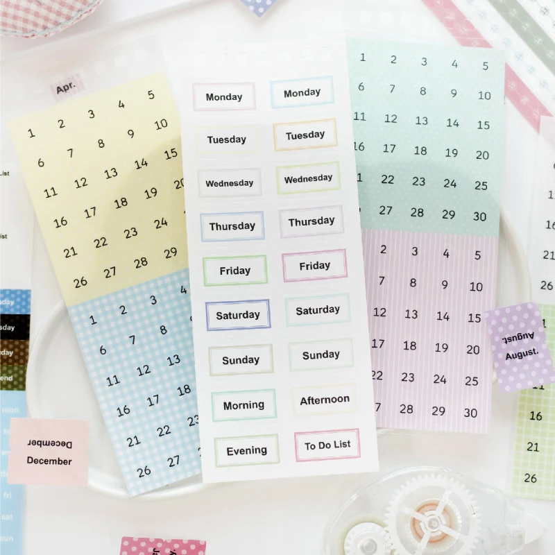 Journal GO 30pcs Mixed Material Date Planner Stickers PET & Washi Paper Index Sticker for Scrapbooking Colorful Number Month