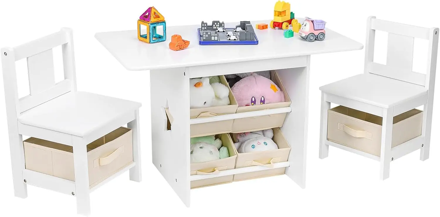 

Kids Table and Chair Set (2 Chairs Included), Wooden Toddler Table and Chairs Set with 6 Storage Bins Boxes,Children's Furniture