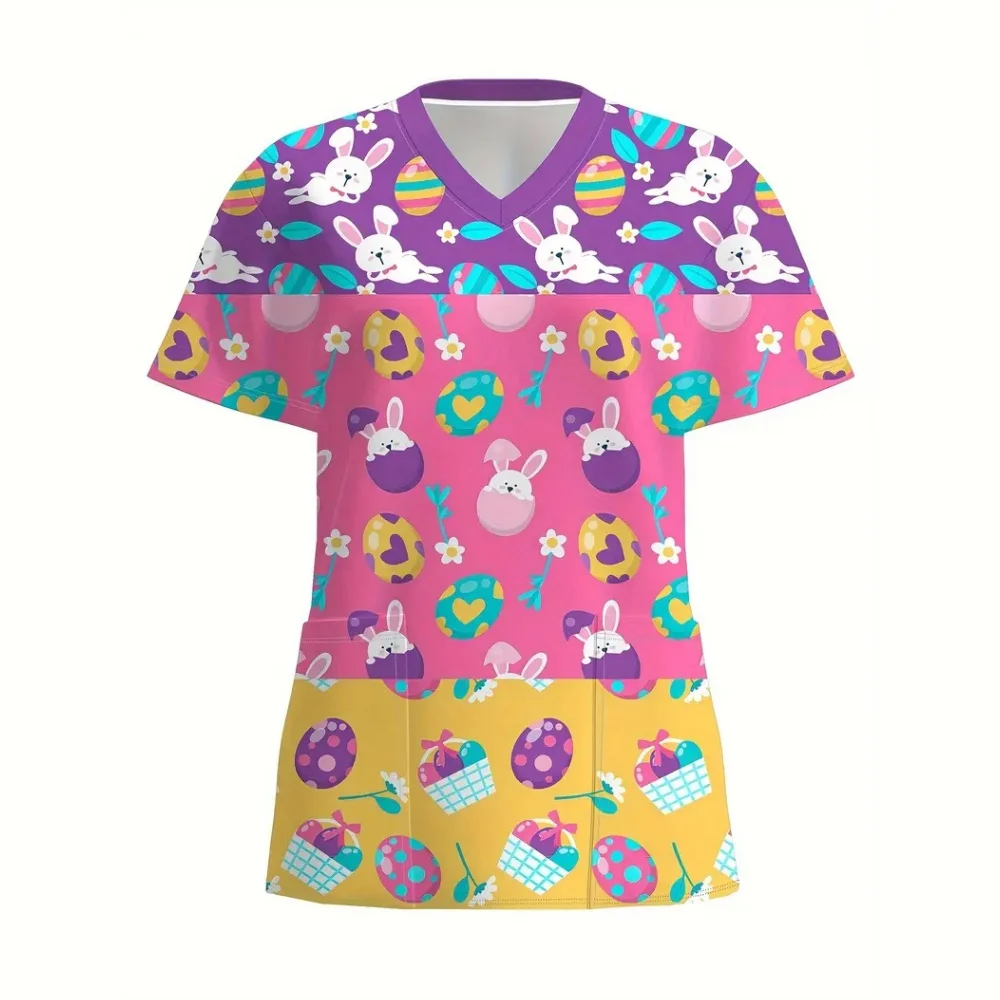 Uniformes médicos para mujer, uniforme clínico de manga corta con cuello en V microelástico con estampado de conejito de Pascua, moda para enfermera Dental