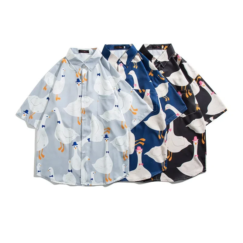 

Retro Printed Cartoon Short Sleeved Shirt for Men's Summer Harajuku Style Loose Couple Outfit with Five Quarter Sleeves
