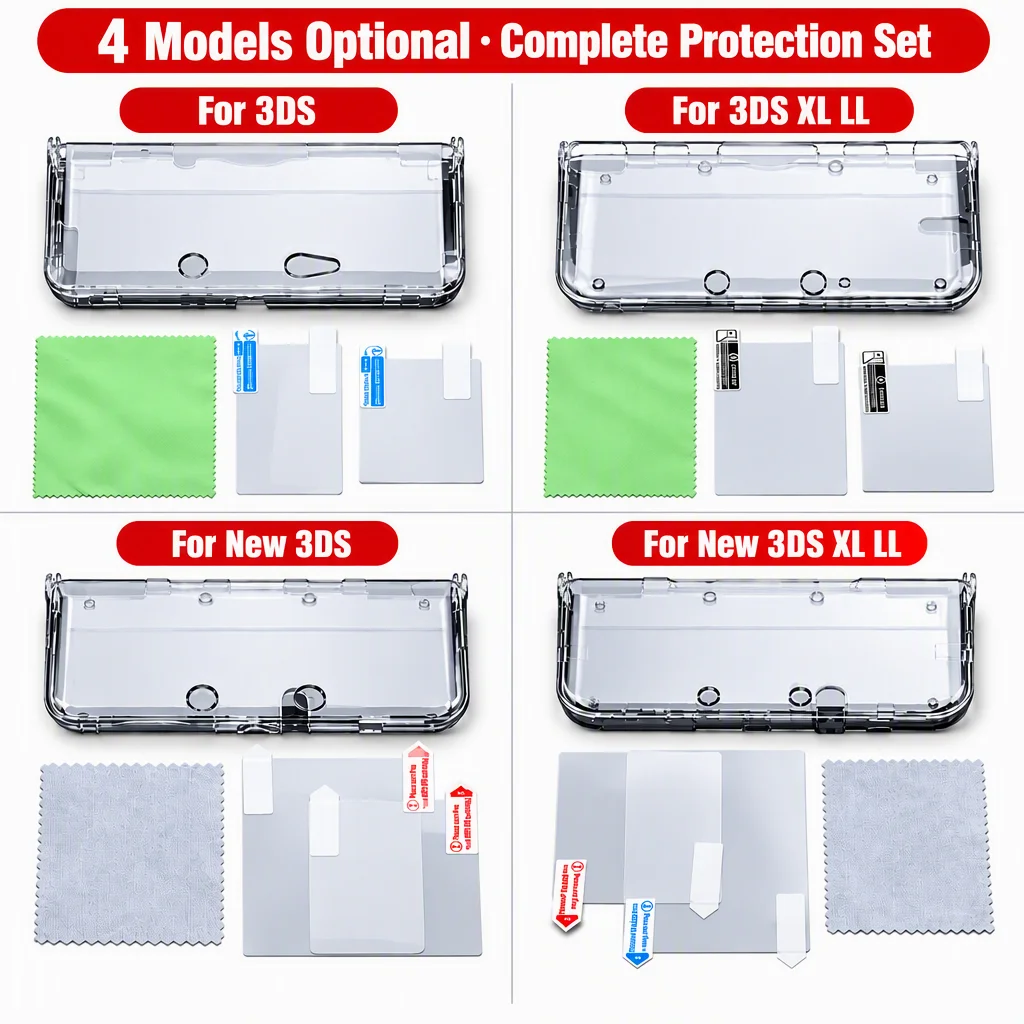 Plastic Clear Crystal Shell Skin Case Cover For 3DS 3DS XL LL New 3DS New 3DS XL/LL Game Console With Screen Protective Film