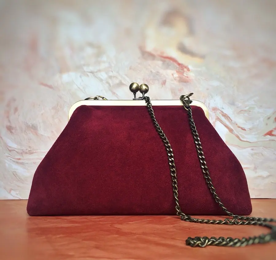 Lost in Vintage Velvet Bag Tailored Bag Evening Clutch Metal Frame Kiss Lock Bronze Snap Closure with Spheres Purse28x20x8cm